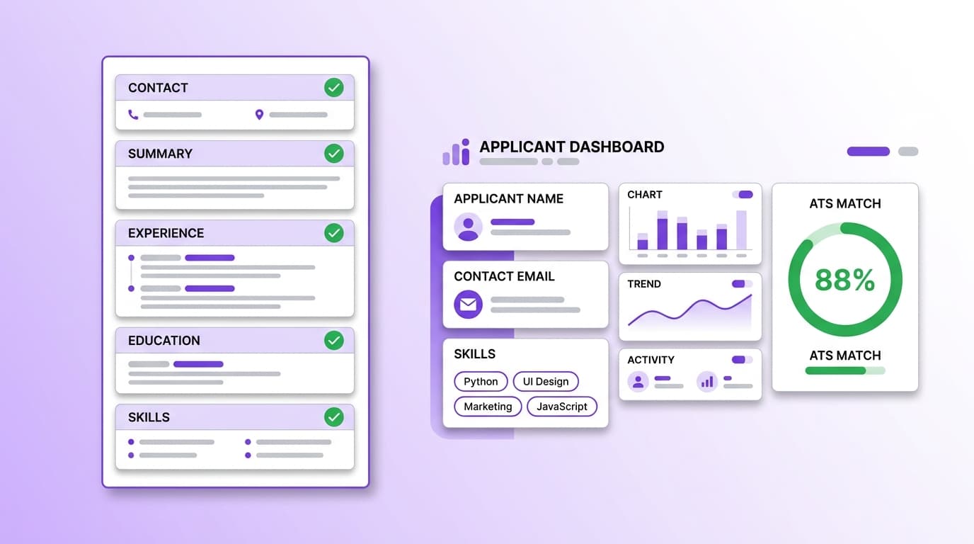 A clean single-column CV with green check marks on every section, next to an ATS dashboard showing parsed fields and an 88 percent match score