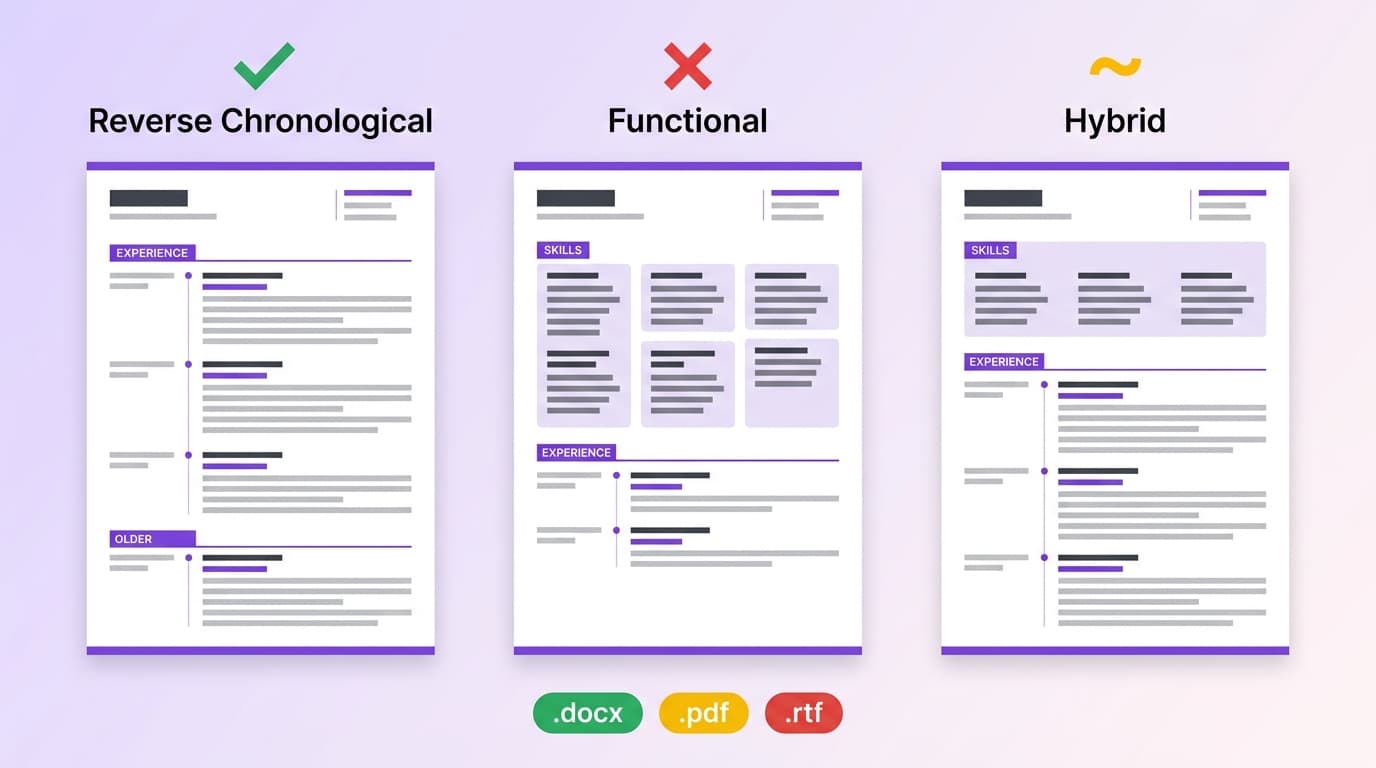Three resume layout types shown side by side: Reverse Chronological with a green check mark, Functional with a red cross, and Hybrid with a yellow tilde. Below, three file format pills coloured green for .docx, yellow for .pdf, red for .rtf
