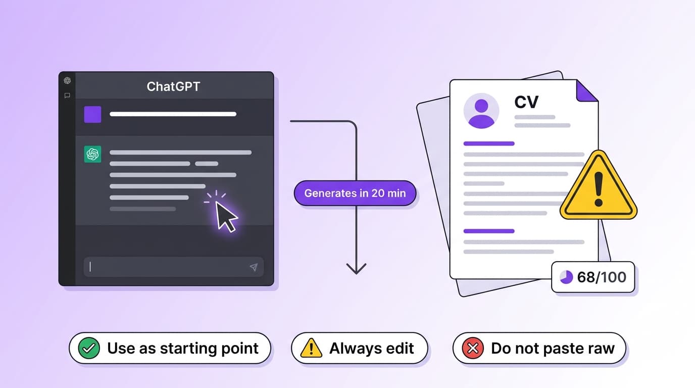 ChatGPT chat window generating CV content on the left, a pill labelled Generates in 20 min in the middle, and a finished CV document on the right with a yellow caution sign and a 68/100 ATS score badge. Below, three verdict pills: green check Use as starting point, yellow caution Always edit, red cross Do not paste raw