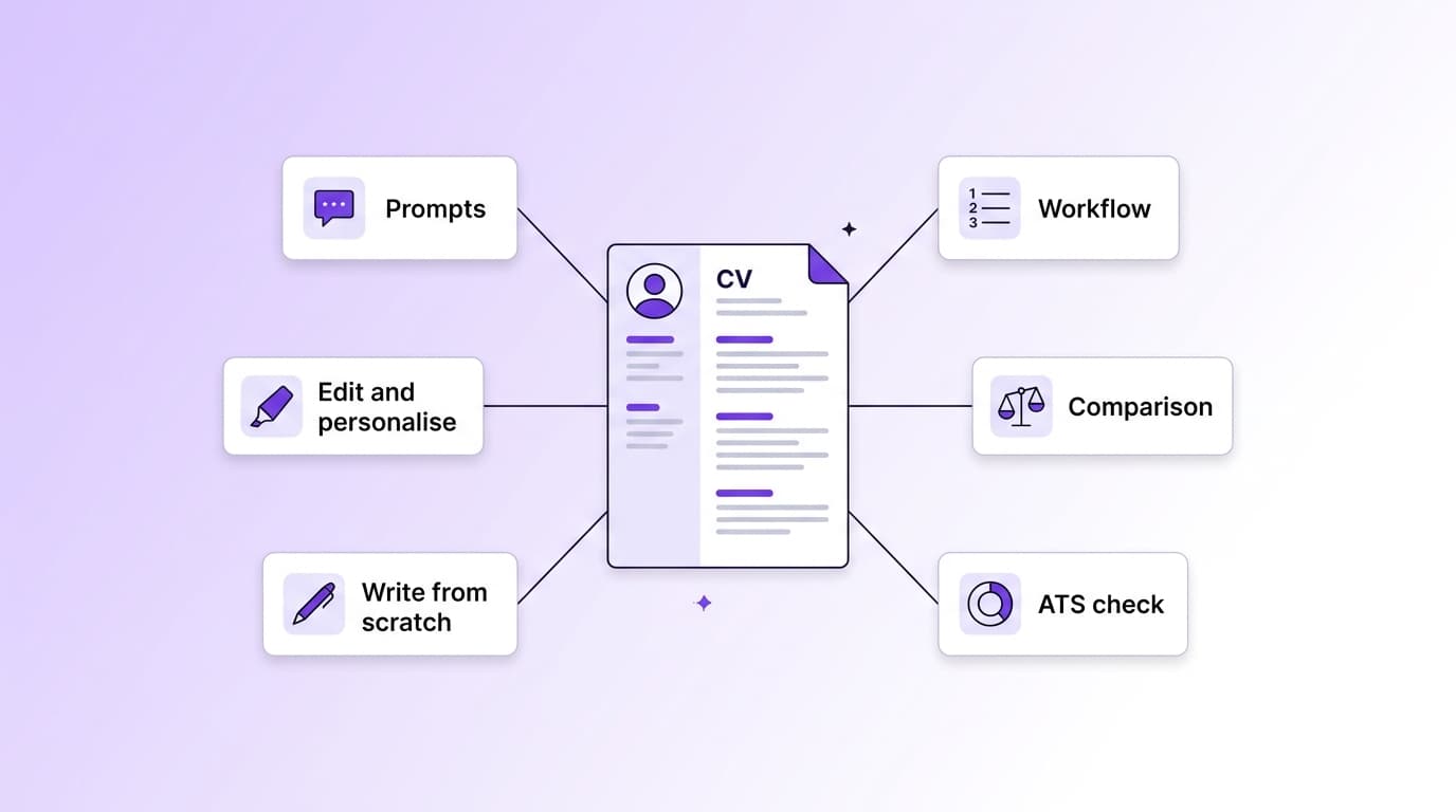 Hub-and-spoke illustration with a CV document in the centre and six cards radiating outward labelled Prompts, Workflow, Comparison, ATS check, Write from scratch, Edit and personalise, each with its own small icon