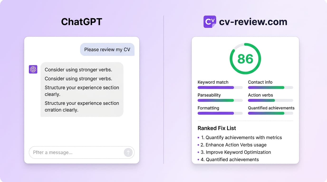 Side by side comparison: a ChatGPT chat window with generic rephrase suggestions, next to a cv-review.com scorecard showing an 86 percent score with six dimension bars and a ranked fix list