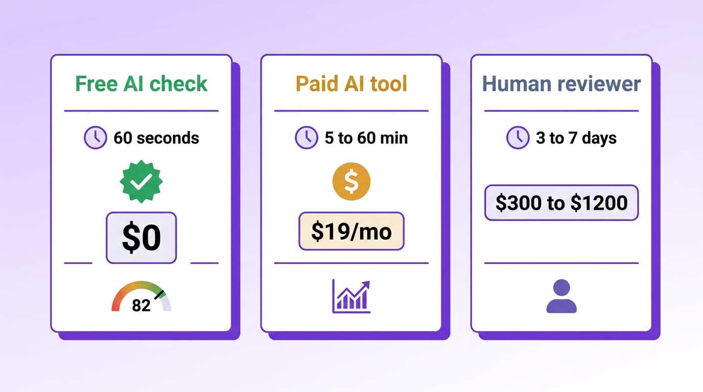 Three vertical cards comparing CV review options: Free AI check at zero dollars in 60 seconds with score 82, Paid AI tool at 19 dollars per month over 5 to 60 minutes, and Human reviewer at 300 to 1200 dollars over 3 to 7 days