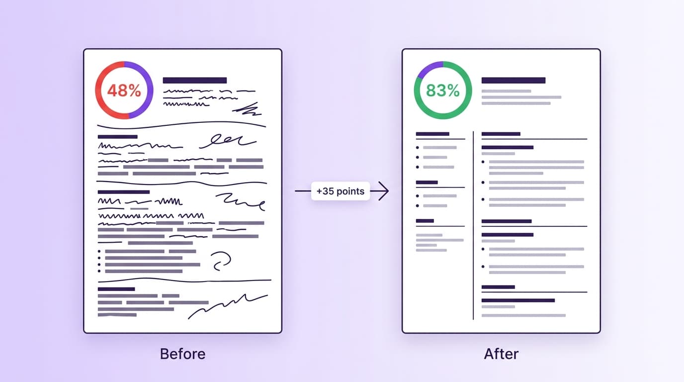 Before and after comparison of a CV: on the left, a messy scribbled CV with a red score ring showing 48 percent; an arrow labelled +35 points; on the right, a clean structured CV with a green score ring showing 83 percent