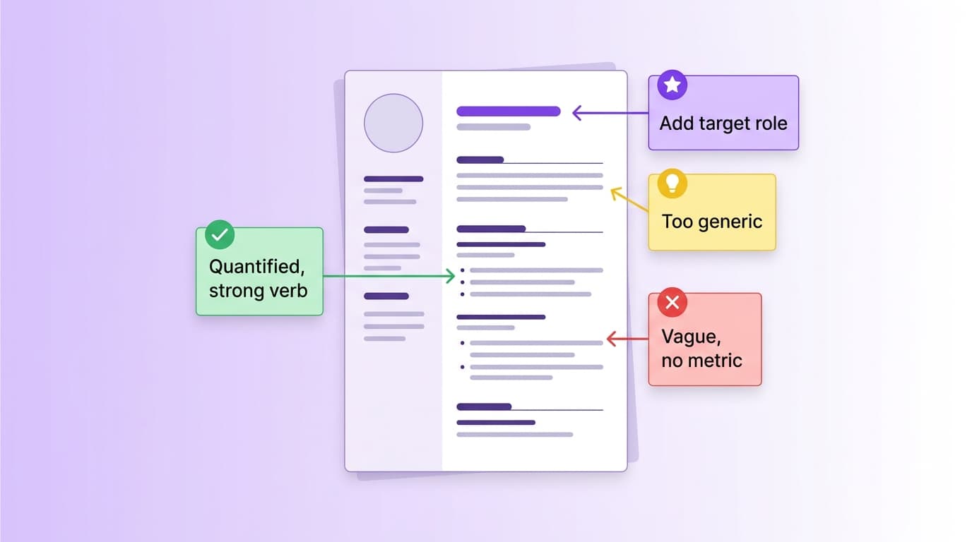 A CV document with four colour-coded feedback callouts pointing to different sections: a green callout labelled Quantified strong verb, a yellow callout labelled Too generic, a red callout labelled Vague no metric, and a purple callout labelled Add target role