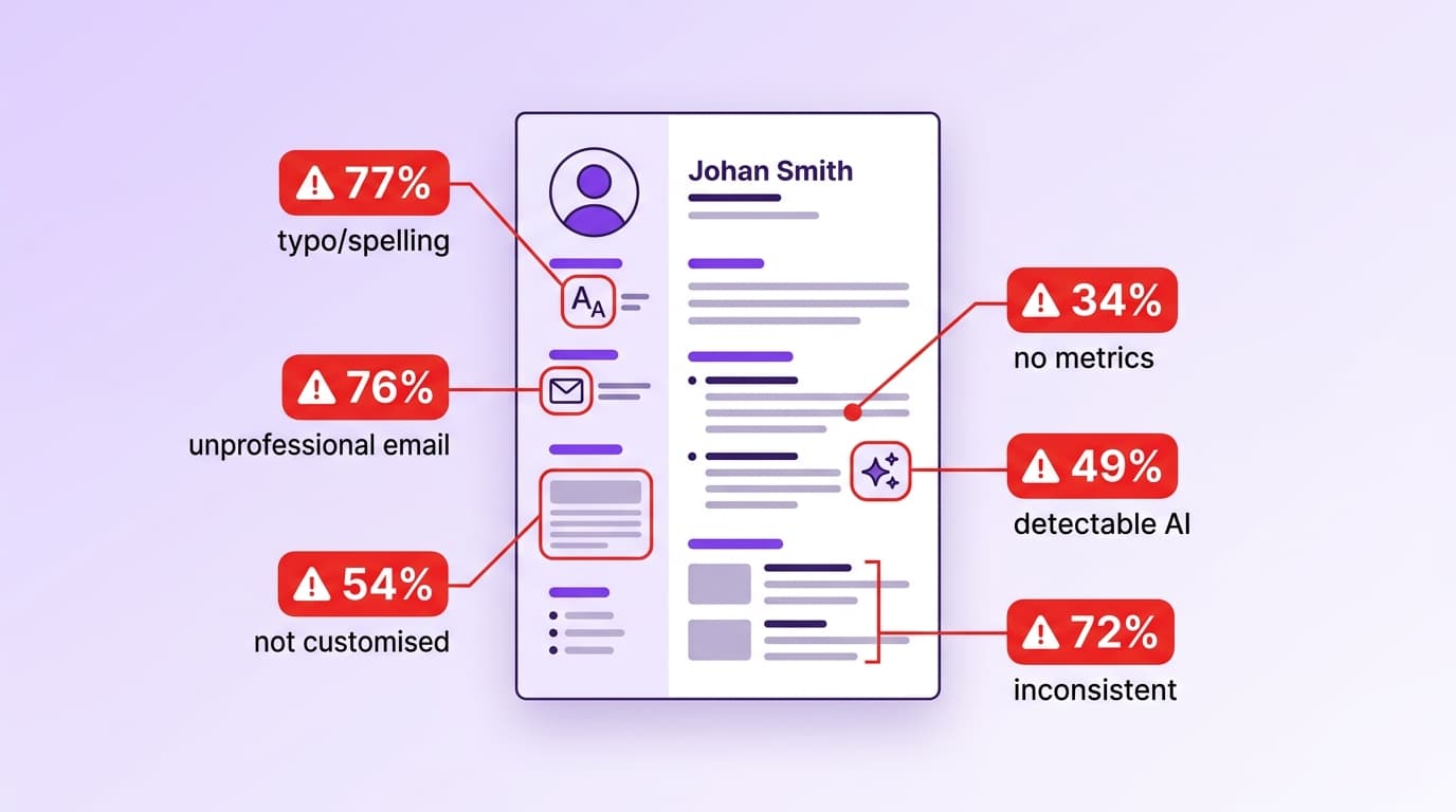 A CV document with six red warning callouts showing the percentage of hiring managers who reject for each: 77% for typos and spelling, 76% for unprofessional email, 54% for not customised, 34% for no metrics, 49% for detectable AI, 72% for inconsistent formatting