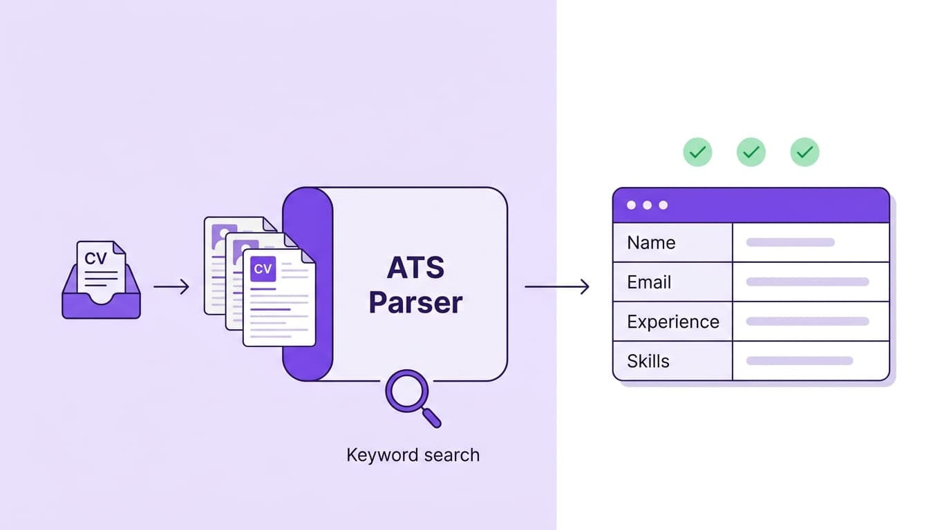 Illustration of the ATS workflow: a CV inbox feeds into a stack of resumes that pass through an ATS Parser, with a magnifying glass labelled Keyword search underneath. The output is a structured database card showing Name, Email, Experience and Skills rows with three green check marks above