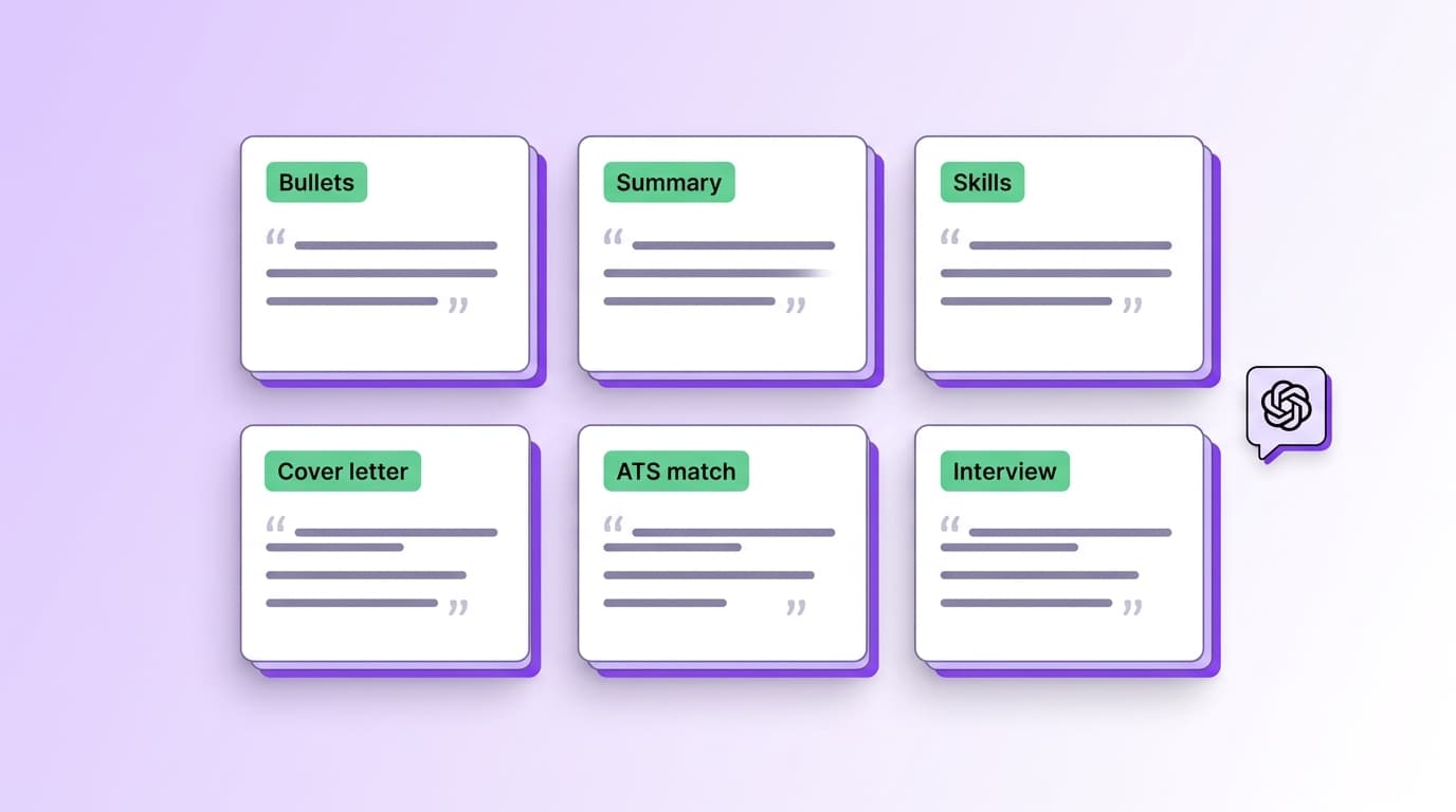 A grid of six prompt cards labelled Bullets, Summary, Skills, Cover letter, ATS match and Interview, each with stylised lines of prompt text and quotation marks, plus a ChatGPT chat bubble icon